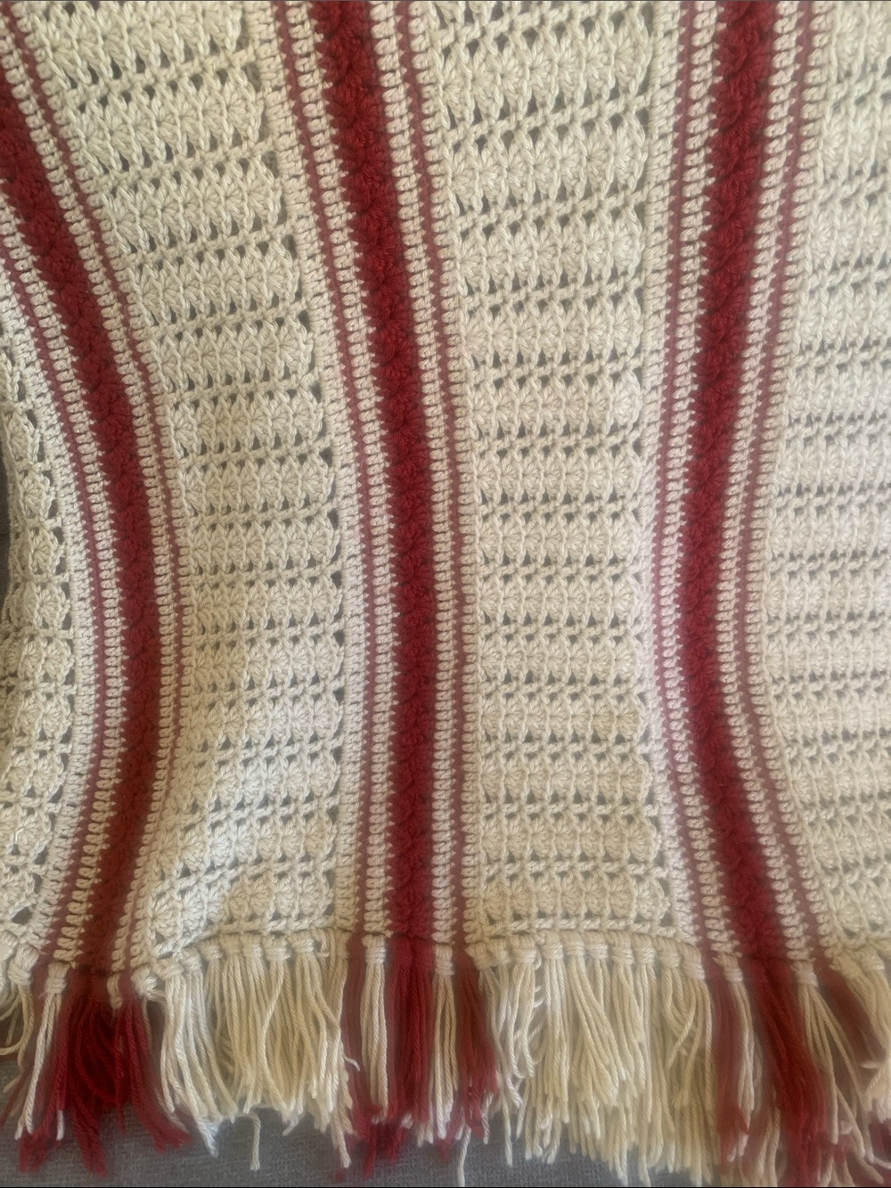 Handmade Crocheted Fringe Throw Blanket Cream and Rust Stripes 58x72 approx - Picture 2 of 3